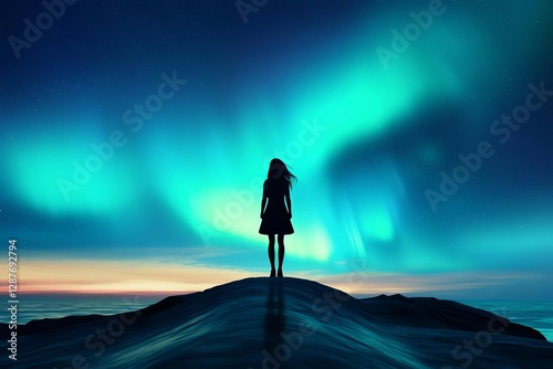A silhouette of a woman gazing at the breathtaking northern lights in the night sky.