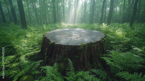 Stump surrounded by lush fern under sun rays in green forest for nature-themed ad
