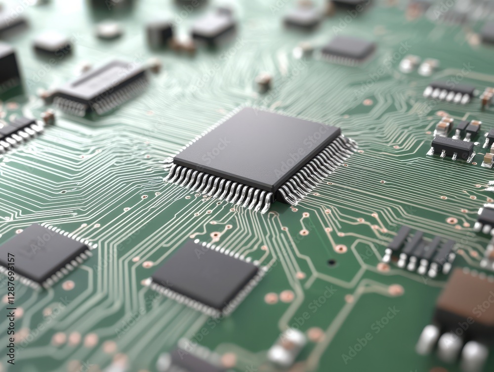 Close-Up View of a Circuit Board with Microchips and Connectors Close-Up View of a Circuit Board with Microchips and Connectors