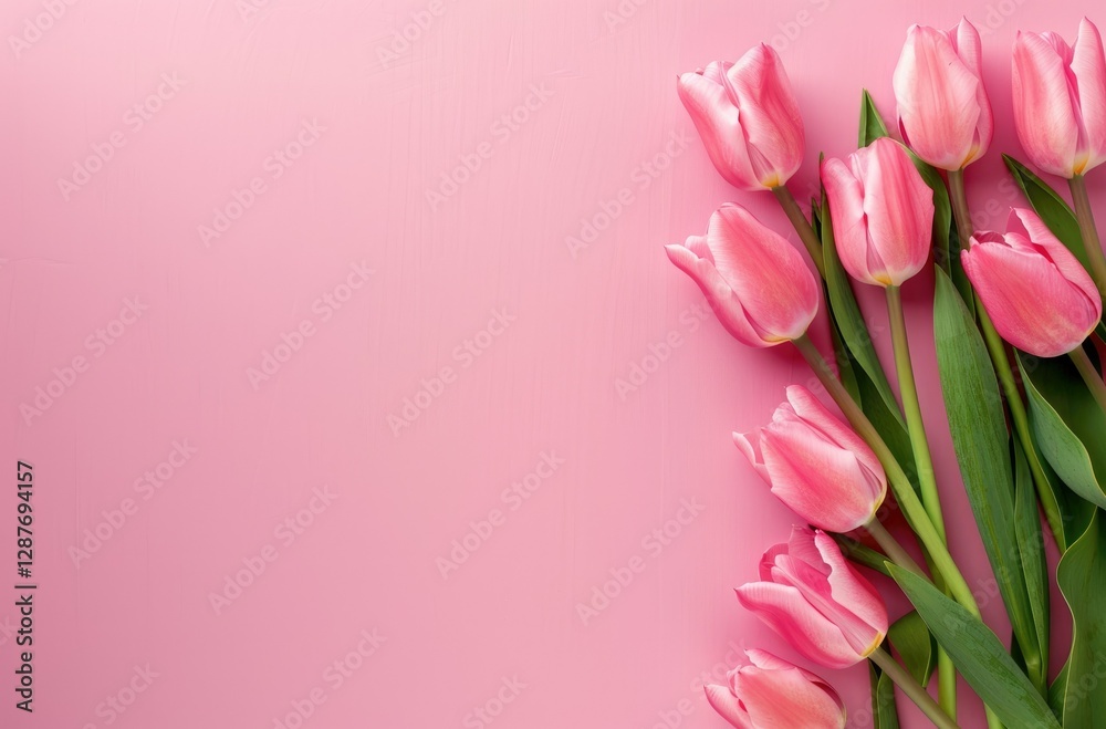 Pink tulips on a soft pink background, creating a calming and minimalist flat lay composition, with ample copy space