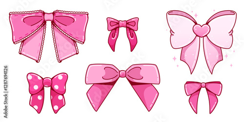 Y2k style pink bows collection with vintage design elements - polka dots, lace trim, heart decoration and sparkle details. Cute kawaii ribbon shapes for retro fashion, stickers or girly accessories.
