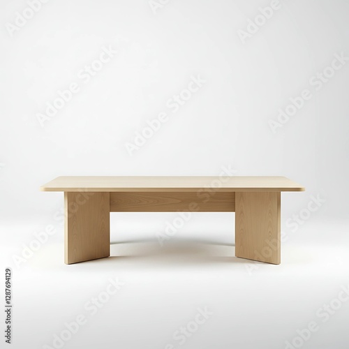 A minimalist wooden coffee table with a simple design stands alone in a clean and modern white room