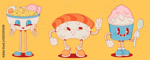 Retro Japanese food mascots - smiling ramen bowl with noodles, waving salmon nigiri sushi, happy ice dessert character with spoon. Kawaii menu items with expressive faces for Asian restaurant design.