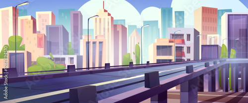 Highway bridge in cartoon urban landscape with modern skyscrapers, street lamps, green bushes, residential buildings on bright blue sky. Cityscape panorama, clean empty roadway for game background.