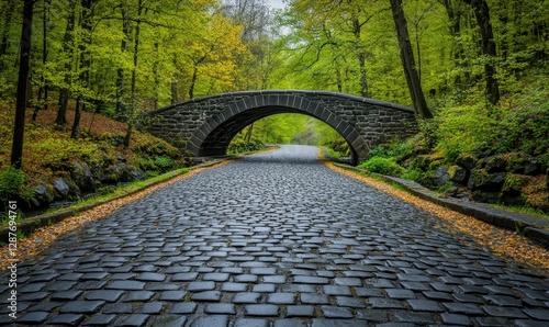 Serene cobblestone pathway under a stone bridge surrounded by lush autumn foliage photo