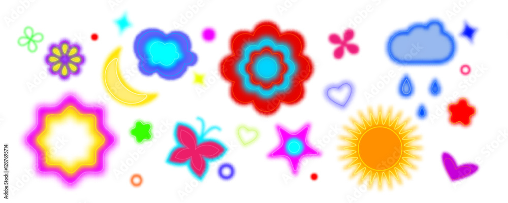 Fototapeta premium Colorful y2k shapes set - glowing neon flowers, butterfly, sun and moon, stars and hearts with blur effect. Bright retro elements collection in 2000s aesthetic with luminous gradients and soft glow.