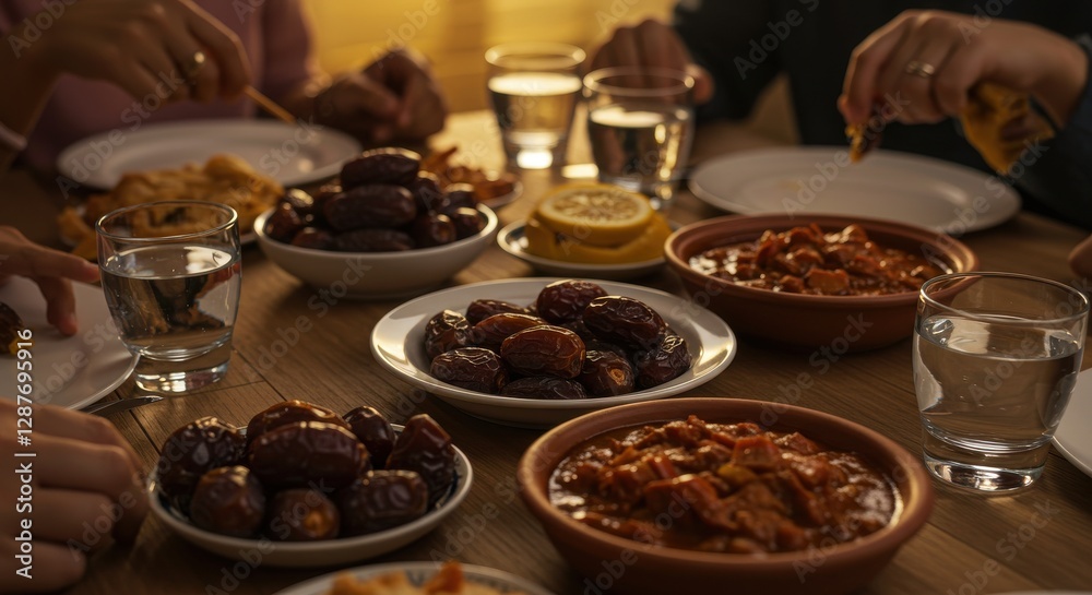 Family gathering enjoying traditional dishes with dates and drinks at sunset Family gathering enjoying traditional dishes with dates and drinks at sunset