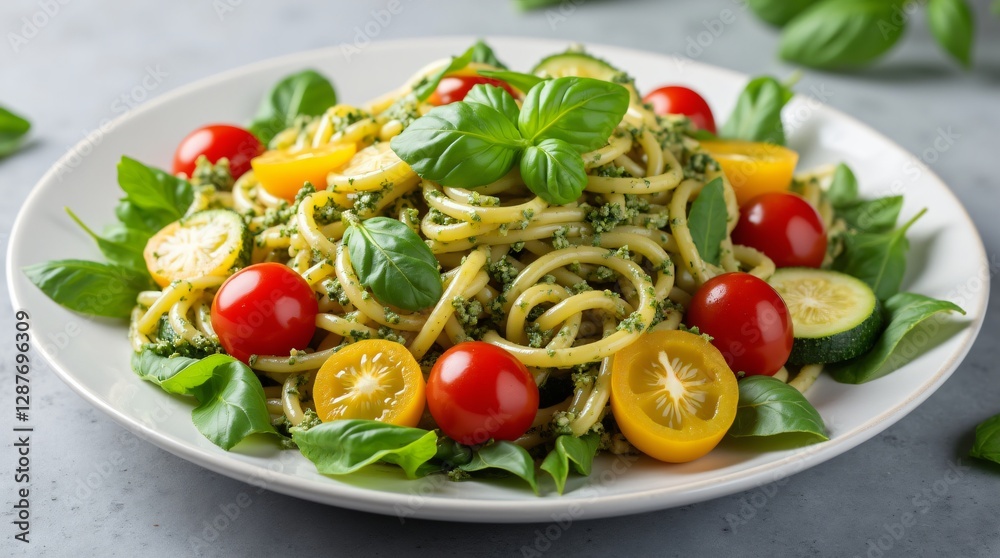 A plate of spaghetti with pesto sauce is garnished with cherry tomatoes, basil leaves, and cucumber slices. A plate of spaghetti with pesto sauce is garnished with cherry tomatoes, basil leaves, and cucumber slices.