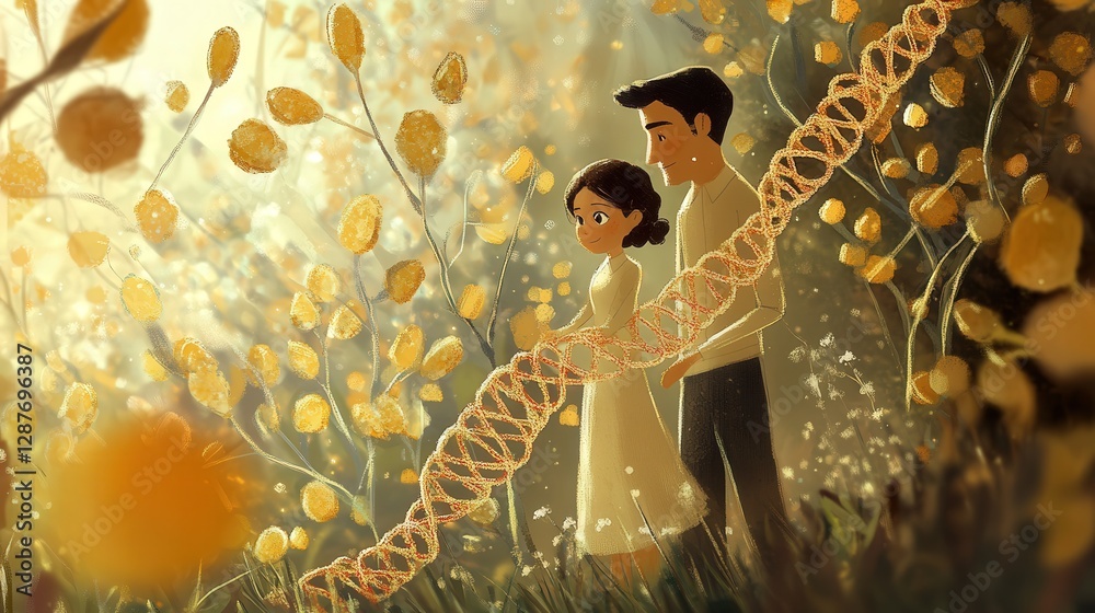 Naklejka premium DNA in inheritance, showing how genetic information is passed from parents to offspring through the DNA structure in gametes