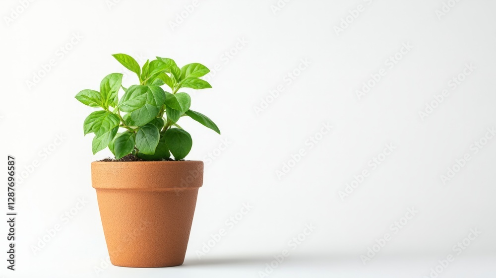 Fototapeta premium A small potted plant in a minimalist terracotta pot, isolated on a white background