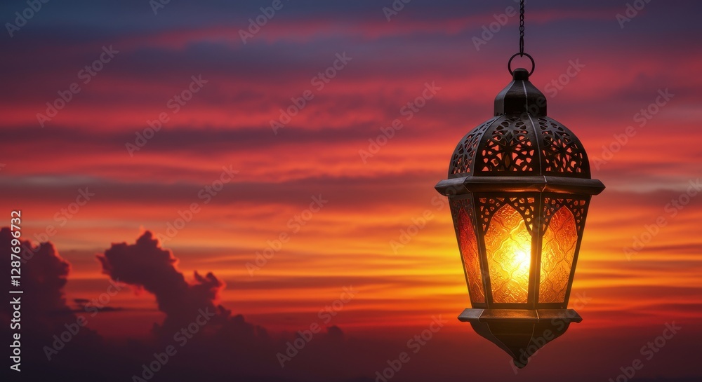 Ornate lantern glowing against a vibrant sunset sky with dramatic clouds Ornate lantern glowing against a vibrant sunset sky with dramatic clouds