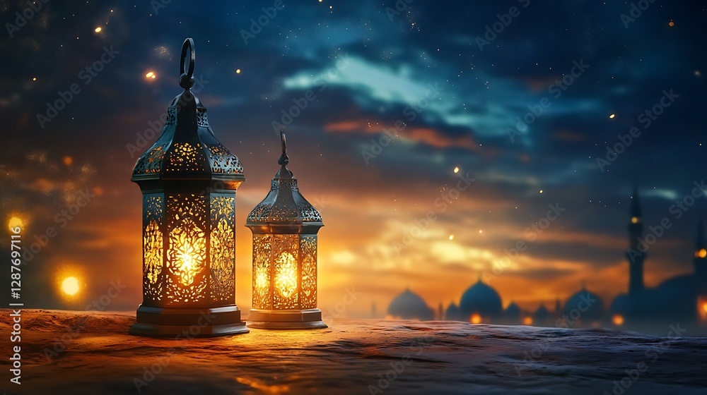 Ramadan Night: Illuminated Lanterns under Starlit Sky Ramadan Night: Illuminated Lanterns under Starlit Sky
