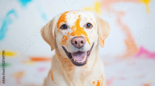 A happy yellow lab covered in orange paint