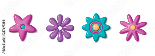 Y2k style 3D floral elements with glossy flower petals in pink, purple and turquoise colors. Bright rounded shapes on white background for retro aesthetic design. Cute abstract cartoon plastic blooms.