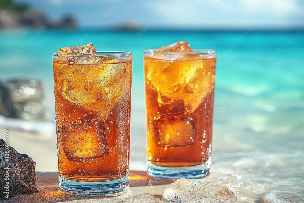 Refreshing drinks with ice by the sea, summer mood for vacation and relaxation Refreshing drinks with ice by the sea, summer mood for vacation and relaxation