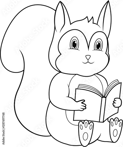 A cartoon of a squirrel reading a book line art