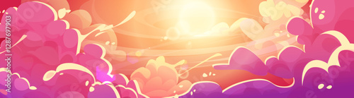 Anime styled cloudy sky panorama with glowing orange sunset rays. Flowing abstract clouds of wavy shapes in pink gradient. Dreamlike atmospheric background for fantasy game header or banner design.