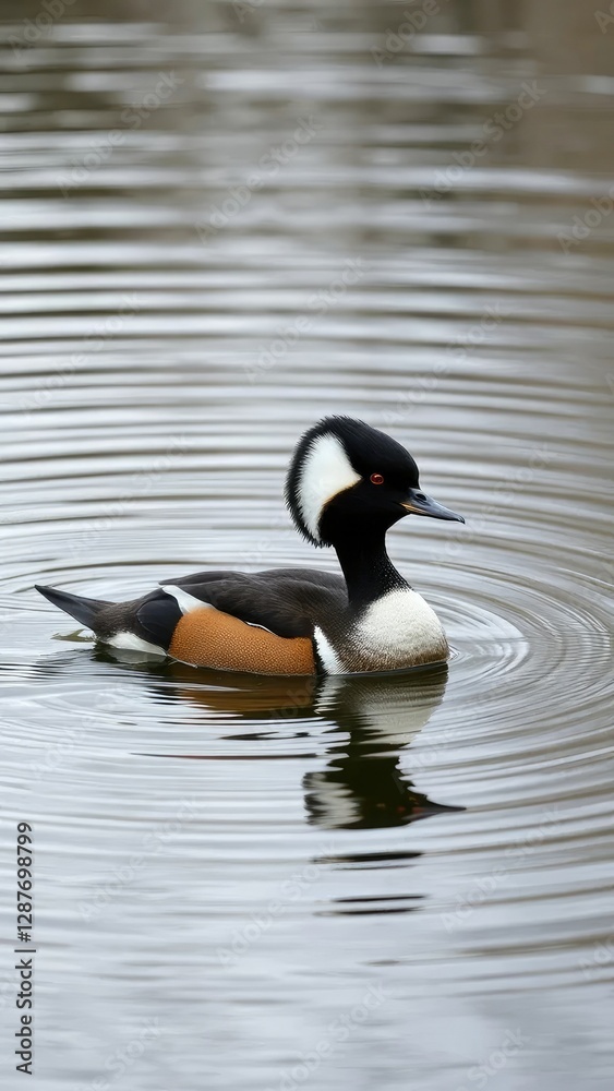 A hooded merganser swims near water's surface with ripples forming on the pond's surface,, wildlife A hooded merganser swims near water's surface with ripples forming on the pond's surface,, wildlife