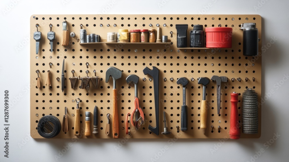 A sturdy wall-mounted pegboard organizer with hooks and tools, isolated on a white background 