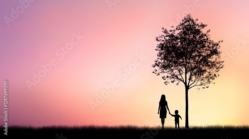 Silhouette of Mother and Child Under Tree During Sunset Sky