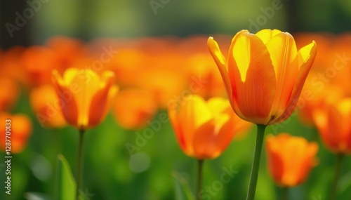Bright orange tulpen in a field of green grass, orange tulps, colourful blooms