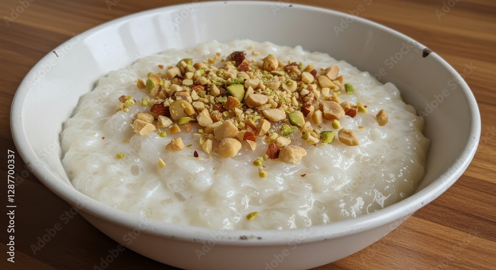 Creamy rice pudding topped with crushed nuts and pistachios on a wooden table Creamy rice pudding topped with crushed nuts and pistachios on a wooden table