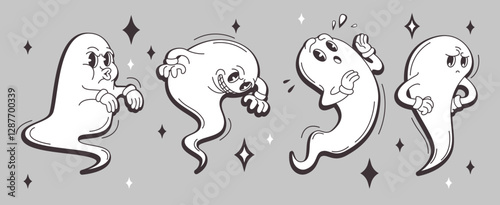 Groovy ghost characters with expressive emotions on gray backdrop. Spooky specters angry, surprised, boo frightening and upset. Retro cartoon spirits with sparkle stars for Halloween designs.
