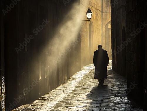 Man Walking Narrow Alleyway Sunlight photo