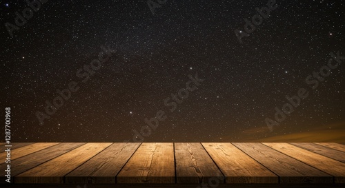 Starry night sky over a wooden tabletop, ideal for nature and landscape themes photo