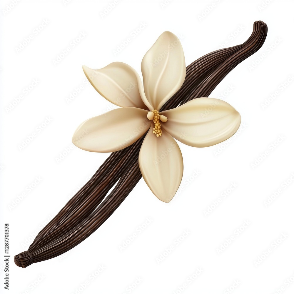 Naklejka premium Vanilla pod with a delicate flower isolated on white background