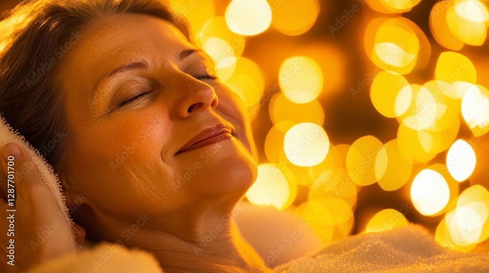 Fototapeta premium Serene Woman Relaxing A Captivating Image of a Woman Enjoying a Peaceful Moment of Self-Care and Relaxation in a Warm, Glowing Atmosphere Discover the Essence of Tranquility with this Photo