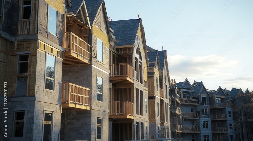 Obraz premium the framing of a luxury apartment complex, with high-end materials like marble and wood being installed.
