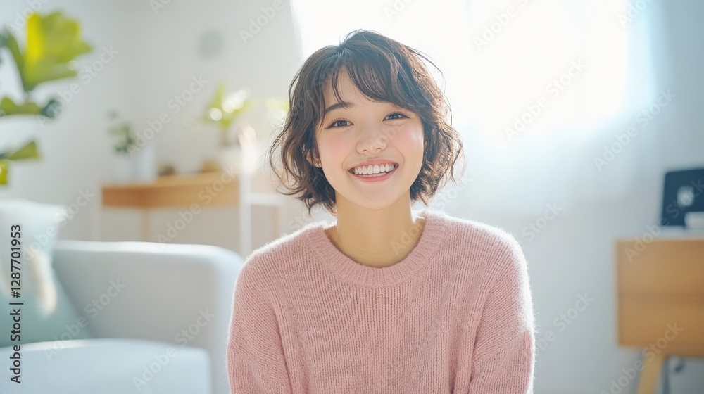 Smiling Young Woman Wearing Pink Sweater Indoors Smiling Young Woman Wearing Pink Sweater Indoors