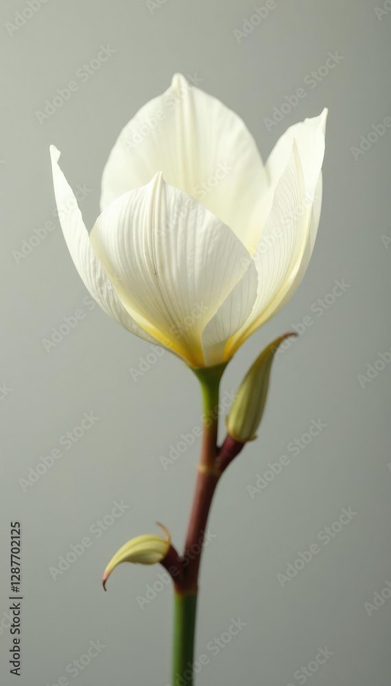 Obraz premium Delicate white petals unfolding on a brown stem, botanical, bloom