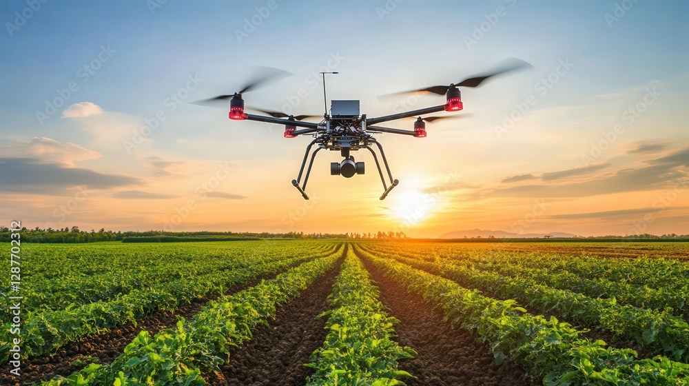 agricultural field where drones autonomously plant seeds, water crops, and harvest them at the perfect time. agricultural field where drones autonomously plant seeds, water crops, and harvest them at the perfect time.