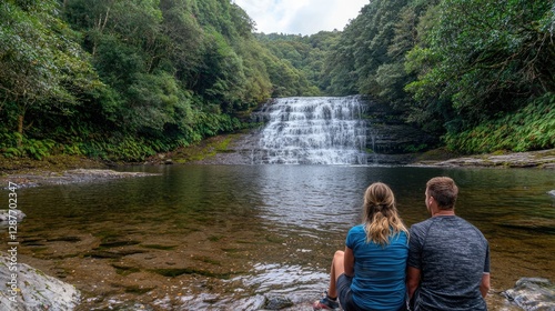 Couple watches cascading waterfall, forest scenery