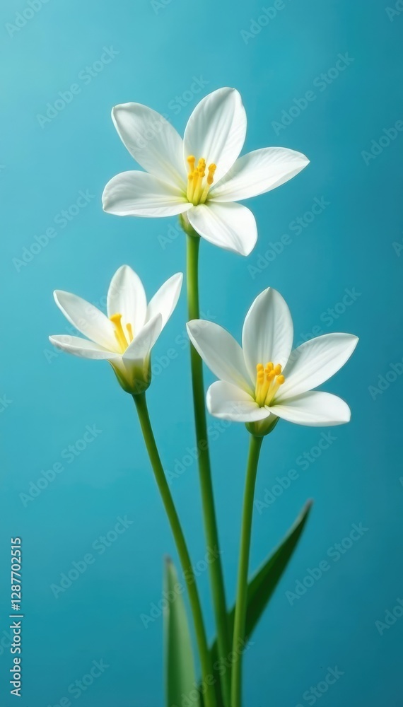 Delicate white Zephyranthes candida buds on Arctic blue background with yellow stamens,, buds Delicate white Zephyranthes candida buds on Arctic blue background with yellow stamens,, buds