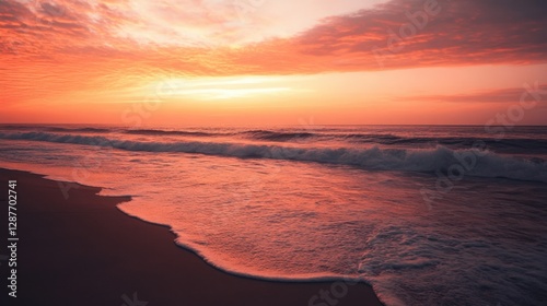Dreamy seascape horizon with warm orange and pink hues painting the sky at dusk
