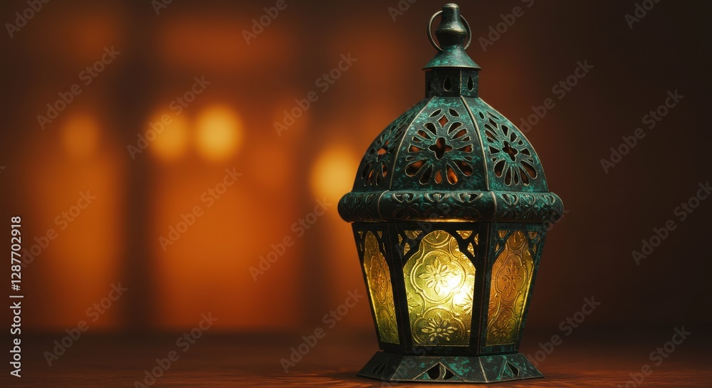Ornate lantern casting a warm glow in a cozy, softly lit indoor setting Ornate lantern casting a warm glow in a cozy, softly lit indoor setting