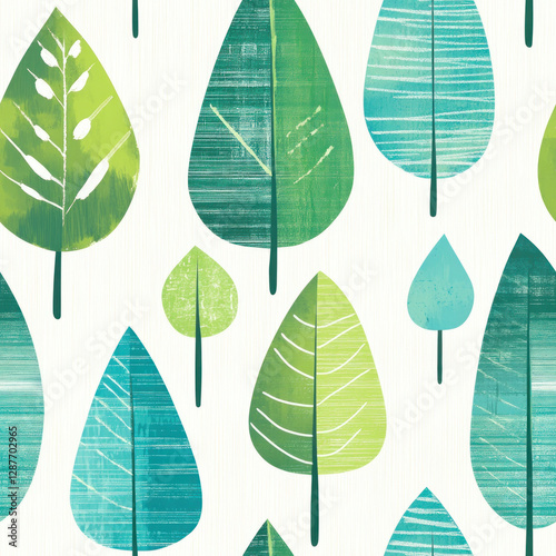 Abstract leaves pattern. Green and blue trees on white backdrop, nature illustration, forest