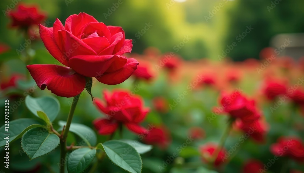 Full bloom of red roses in a garden landscape, blooming, floral Full bloom of red roses in a garden landscape, blooming, floral