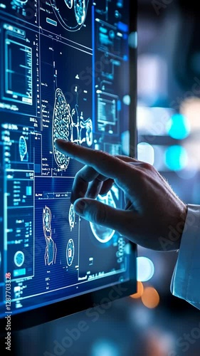 Expert analyzing advanced medical data on a large touchscreen display in a modern research facility