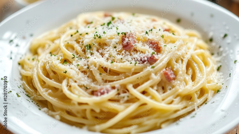 Italian pasta, showcasing spaghetti carbonara with a creamy sauce, pancetta, and freshly grated Parmesan cheese Italian pasta, showcasing spaghetti carbonara with a creamy sauce, pancetta, and freshly grated Parmesan cheese