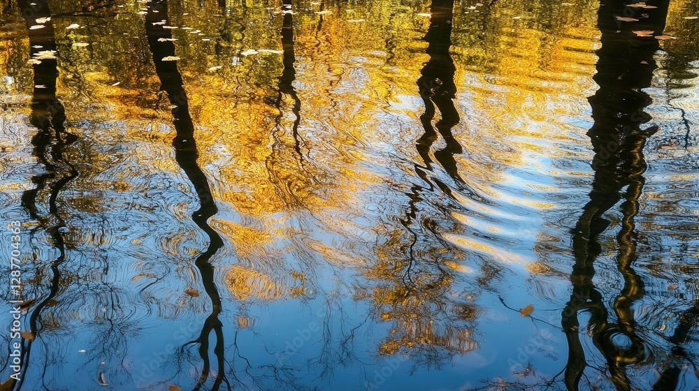 lake. Design an image showing how the reflection of trees is distorted due to the bending of light lake. Design an image showing how the reflection of trees is distorted due to the bending of light