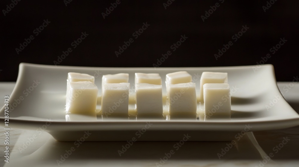 Artistic composition of perfectly diced raw tofu, pearlescent white texture, symmetrical layout on contemporary square dish, floating presentation style, soft diffused lighting highlighting silky Artistic composition of perfectly diced raw tofu, pearlescent white texture, symmetrical layout on contemporary square dish, floating presentation style, soft diffused lighting highlighting silky