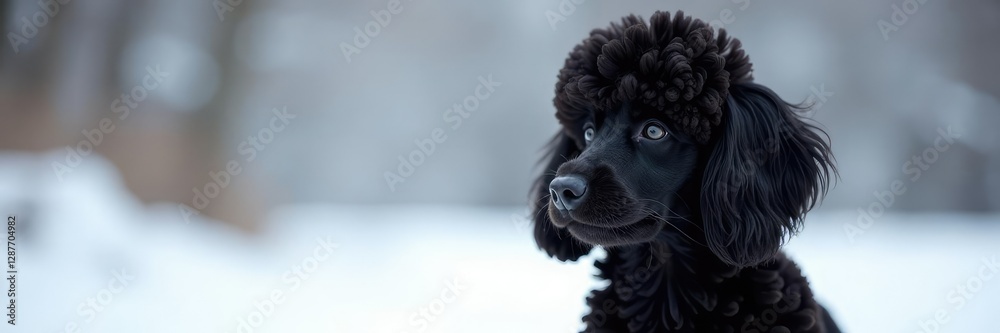 Majestic black poodle with curly fur on a snowy white background, furryfriends, petphotography Majestic black poodle with curly fur on a snowy white background, furryfriends, petphotography