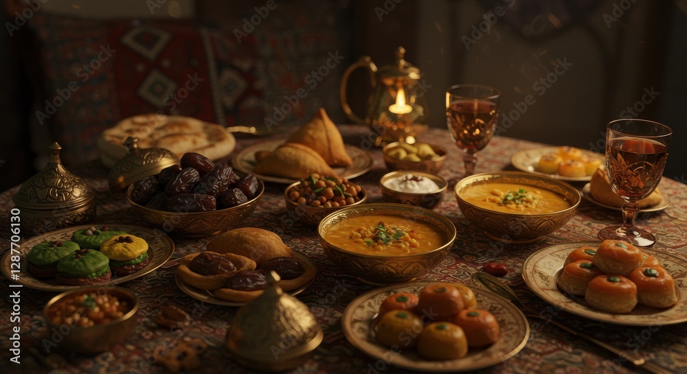 Fototapeta premium Traditional feast with an array of colorful dishes and desserts on a decorated table