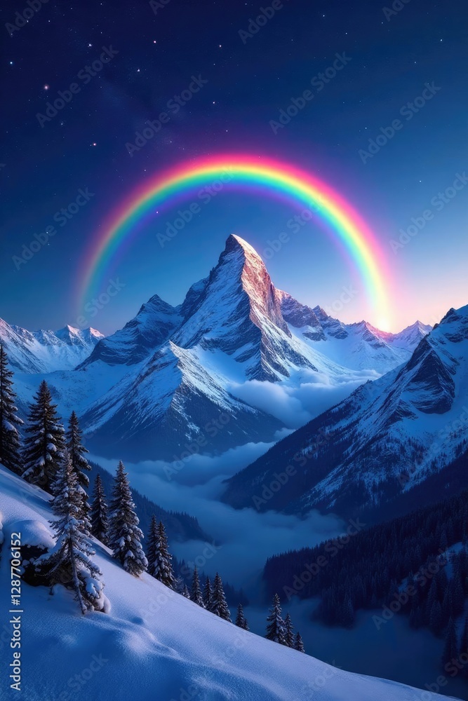 Fototapeta premium Majestic rainbow arcs over snowy mountain peaks in a starry night sky, winter wonderland, rainbow, arc