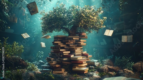 Fotografi A Surreal Scene Where Books Stack to Form a Tree Surrounded by Nature