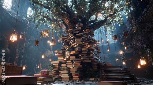  A Surreal Scene Where Books Stack to Form a Tree Surrounded by Nature